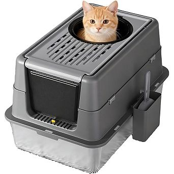 Extra Large Stainless Steel Cat Litter Box with Dual Entry & Flip Top Lid, Enclosed for Odor Control