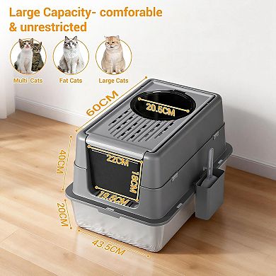 Extra Large Stainless Steel Cat Litter Box with Dual Entry & Flip Top Lid, Enclosed for Odor Control