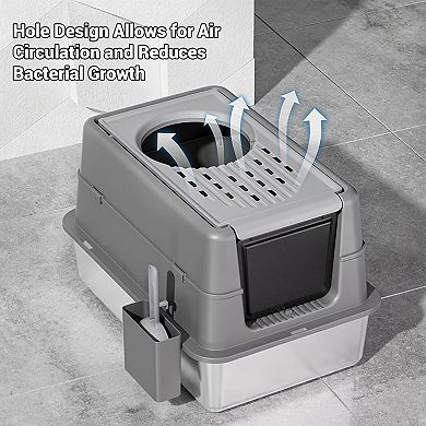 Extra Large Stainless Steel Cat Litter Box with Dual Entry & Flip Top Lid, Enclosed for Odor Control
