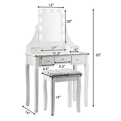Vanity Table Set With Lighted Mirror, 10 Dimmable Bulbs And Cushioned Stool