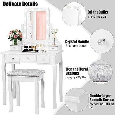 Vanity Table Set With Lighted Mirror, 10 Dimmable Bulbs And Cushioned Stool