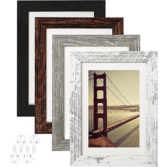 Zoulao Set of 4 Distressed Farmhouse 5x7 Picture Frames, Display 5x7 or 4x6 with Mat, Multicolor.