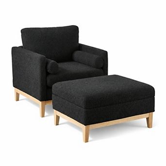 GOMYHOME Boucle Accent Chair with Storage Ottoman, Rubber Wood Base Lounge Chair Set