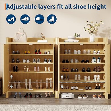 Rattan Shoe Cabinet 41" Wooden Entryway Organizer with Adjustable Shelves