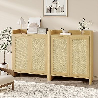 Rattan Shoe Cabinet 41" Wooden Entryway Organizer with Adjustable Shelves