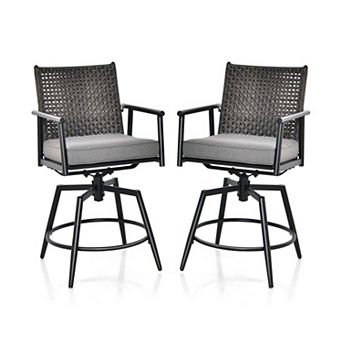 Set of 2 Swivel Bar Stools with Cushions and PE Rattan Back