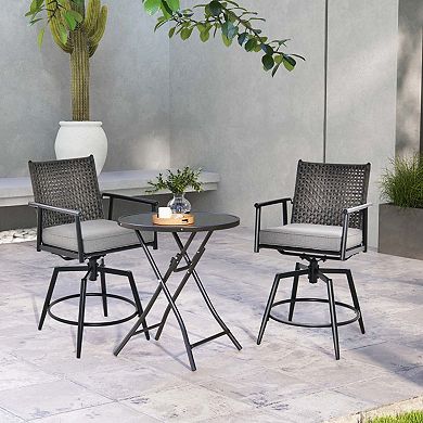 Set of 2 Swivel Bar Stools with Cushions and PE Rattan Back