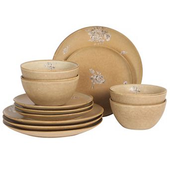 Gibson Elite Valencia Bloom 12 pc Plates and Bowls Dinnerware Set Taupe with Floral Decal Dishes