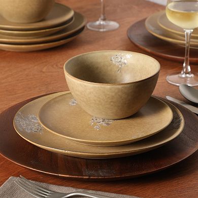 Gibson Elite Valencia Bloom 12 Piece Plates and Bowls Dinnerware Set Taupe with Floral Decal Dishes