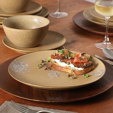 Gibson Elite Valencia Bloom 12 Piece Plates and Bowls Dinnerware Set Taupe with Floral Decal Dishes