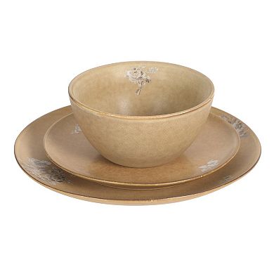 Gibson Elite Valencia Bloom 12 Piece Plates and Bowls Dinnerware Set Taupe with Floral Decal Dishes