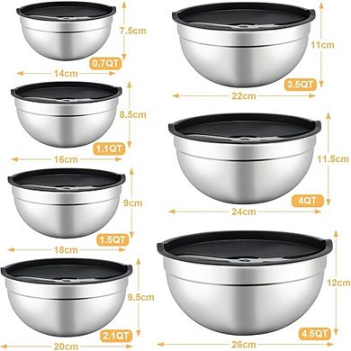 Zoulao 7-Piece Stainless Steel Mixing Bowl Set with Lids (0.7 to 4.5 QT) for Baking & Prep.