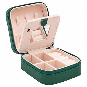 Travel Jewelry Organizer Case with Mirror Waterproof PU Leather 1 pc Green Compact Storage