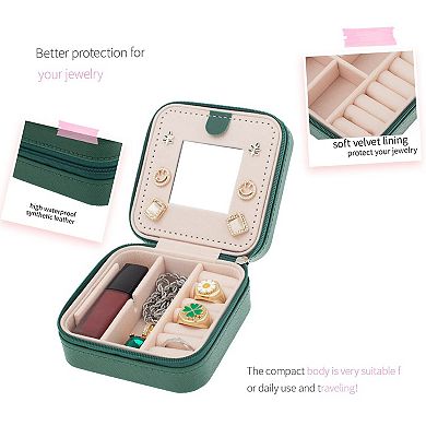 Travel Jewelry Organizer Case with Mirror Waterproof PU Leather 1 Piece Green Compact Storage