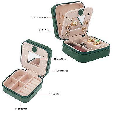 Travel Jewelry Organizer Case with Mirror Waterproof PU Leather 1 Piece Green Compact Storage