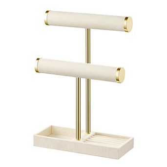 2 tier Beige Velvet Jewelry Holder Organizer with Ring Tray and Compartment 1 pc