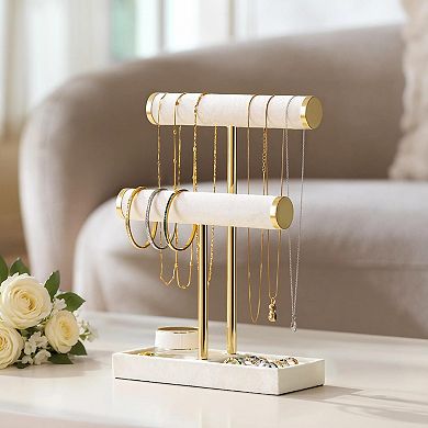 2 Tier Beige Velvet Jewelry Holder Organizer with Ring Tray and Compartment 1 Piece