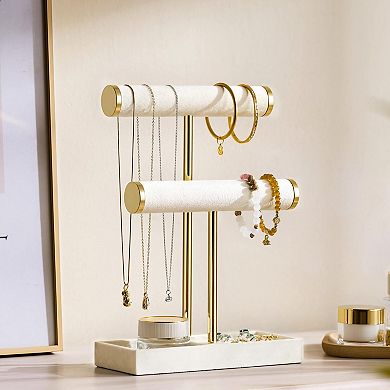 2 Tier Beige Velvet Jewelry Holder Organizer with Ring Tray and Compartment 1 Piece