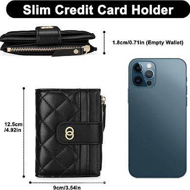 Women's Quilted Leather Slim Bi-Fold Wallet, with Zipper Pocket, Ideal for Daily Use & Travel