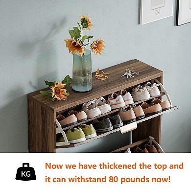 Shoe Cabinet Storage 2 Flip Drawer Organizer Walnut Freestanding Narrow Entryway Rack 1 Piece