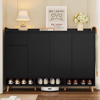 Modern Shoe Cabinet with Adjustable Shelves & Solid Wood Legs, for Entryway Living Room