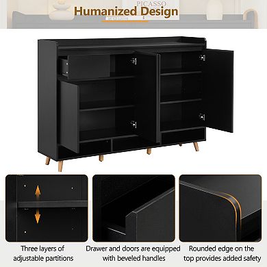 Modern Shoe Cabinet with Adjustable Shelves & Solid Wood Legs, for Entryway Living Room