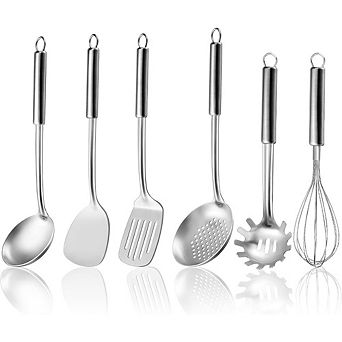 Zoulao 6 pc Stainless Steel Kitchen Utensil Set, Suspendable Handles, Dishwasher Safe.