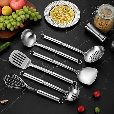 Zoulao 6-Piece Stainless Steel Kitchen Utensil Set, Suspendable Handles, Dishwasher Safe.