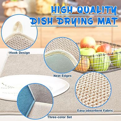 Zoulao Dish Drying Mats, 24x17", Absorbent Microfiber, Set of 3 Colors.
