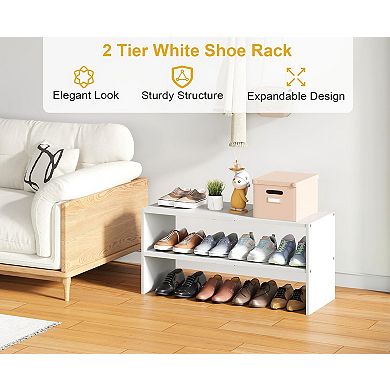 2 Tier Adjustable Shoe Rack White Expandable Iron Wood Shelf Holds 6 to 12 Pairs for Closet