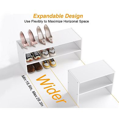 2 Tier Adjustable Shoe Rack White Expandable Iron Wood Shelf Holds 6 to 12 Pairs for Closet