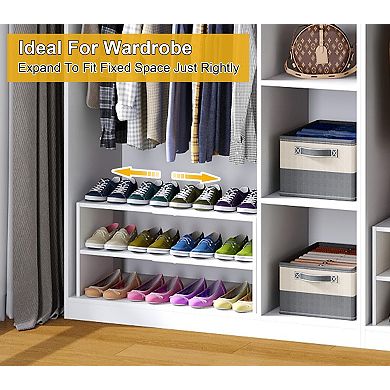 2 Tier Adjustable Shoe Rack White Expandable Iron Wood Shelf Holds 6 to 12 Pairs for Closet