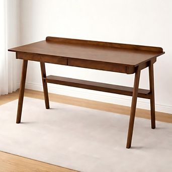 Heybly Solid Wood Writing Desk, Office Desk with 2 Drawers & Storage Shelf, Standing Desk