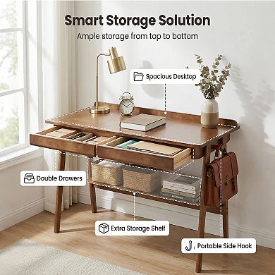 Heybly Solid Wood Writing Desk, Office Desk with 2 Drawers & Storage Shelf, Standing Desk