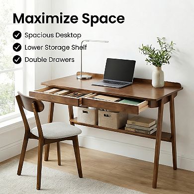 Heybly Solid Wood Writing Desk, Office Desk with 2 Drawers & Storage Shelf, Standing Desk