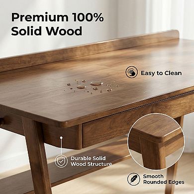 Heybly Solid Wood Writing Desk, Office Desk with 2 Drawers & Storage Shelf, Standing Desk