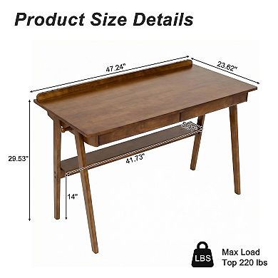 Heybly Solid Wood Writing Desk, Office Desk with 2 Drawers & Storage Shelf, Standing Desk