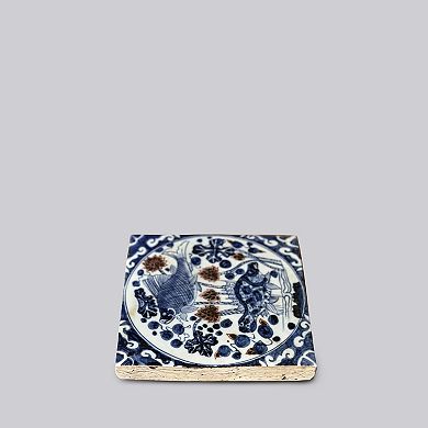 Hand Painted Porcelain Fish and Lotus Tile
