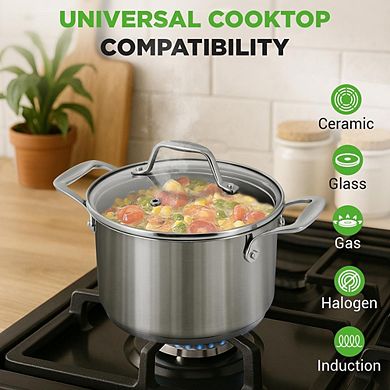 NutriChef 3 Qt Stainless Steel Stockpot Glass Lid, Induction & Gas Ready