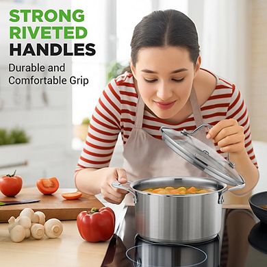 NutriChef 3 Qt Stainless Steel Stockpot Glass Lid, Induction & Gas Ready
