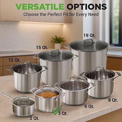NutriChef 3 Qt Stainless Steel Stockpot Glass Lid, Induction & Gas Ready