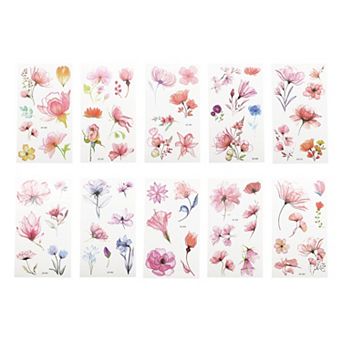 Realistic Watercolor Flower Temporary Tatto Pink Green 10 pc
