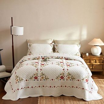 Marcielo 3 pc Cotton Cottage Floral Quilt Bedspread Set Classic Farmhouse Style
