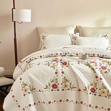 Marcielo 3Pcs Cotton Cottage Floral Quilt Bedspread Set Classic Farmhouse Style