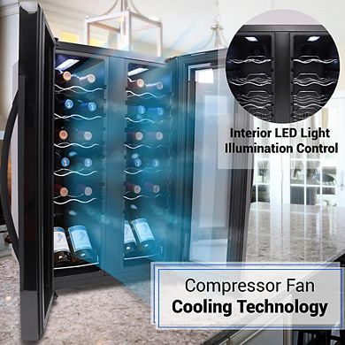 NutriChef 24-Bottle Wine Fridge, Dual Zone, Adjustable Temp 41°F-64°F, Ultra Quiet, Black