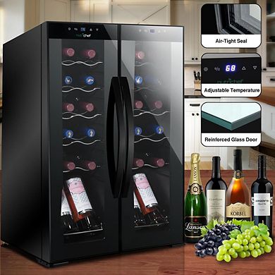 NutriChef 24-Bottle Wine Fridge, Dual Zone, Adjustable Temp 41°F-64°F, Ultra Quiet, Black