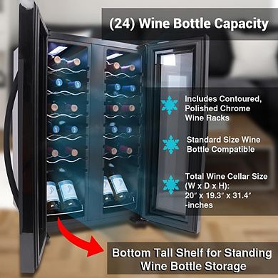 NutriChef 24-Bottle Wine Fridge, Dual Zone, Adjustable Temp 41°F-64°F, Ultra Quiet, Black