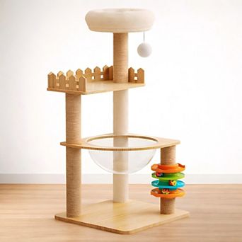 Heybly 39.3 in Wooden Cat Tree Tower with Sisal Scratching Posts, Top Perch, Acrylic Hammock Hanging