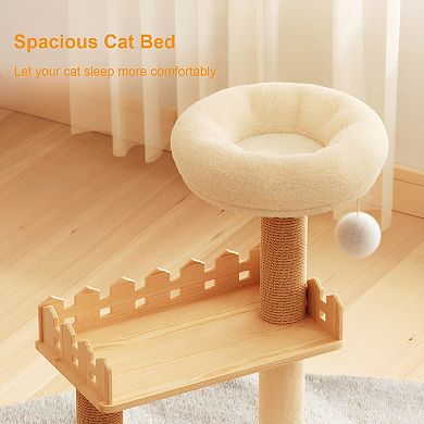 Heybly 39.3 In Wooden Cat Tree Tower with Sisal Scratching Posts, Top Perch, Acrylic Hammock Hanging