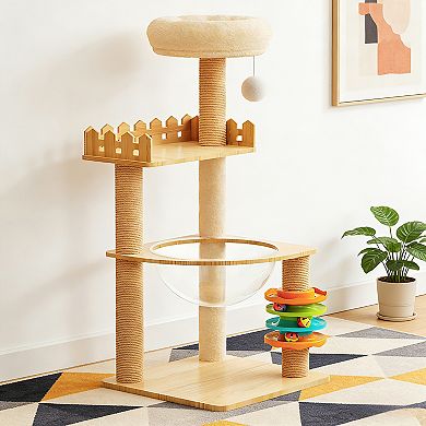 Heybly 39.3 In Wooden Cat Tree Tower with Sisal Scratching Posts, Top Perch, Acrylic Hammock Hanging